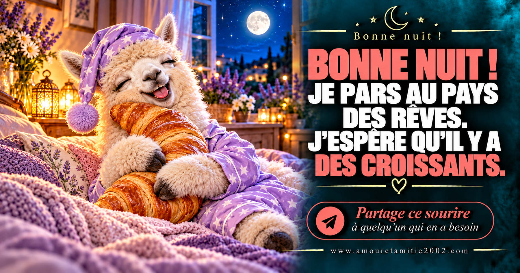 Bonne nuit ! Je pars au pays des rêves. J’espère qu’il y a des croissants.