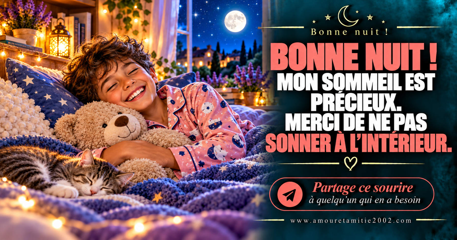 Bonne nuit ! Mon sommeil est précieux. Merci de ne pas sonner à l’intérieur.