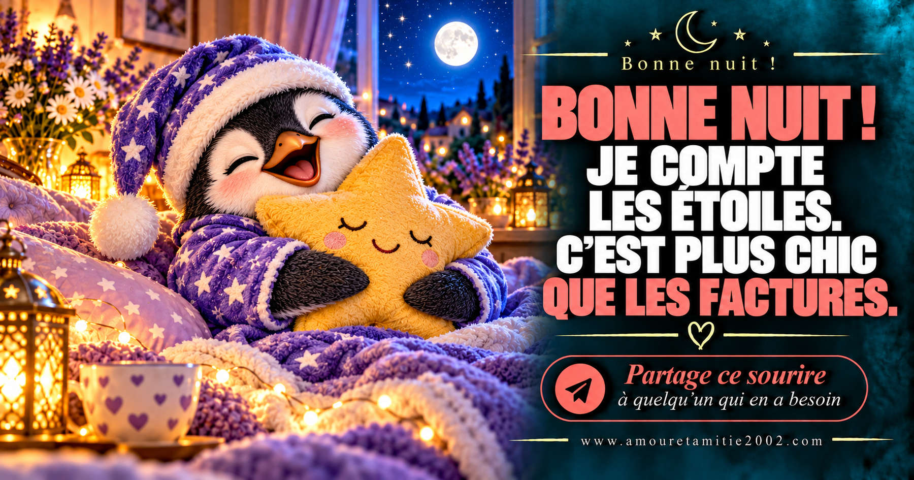 Bonne nuit ! Je compte les étoiles. C’est plus chic que les factures.