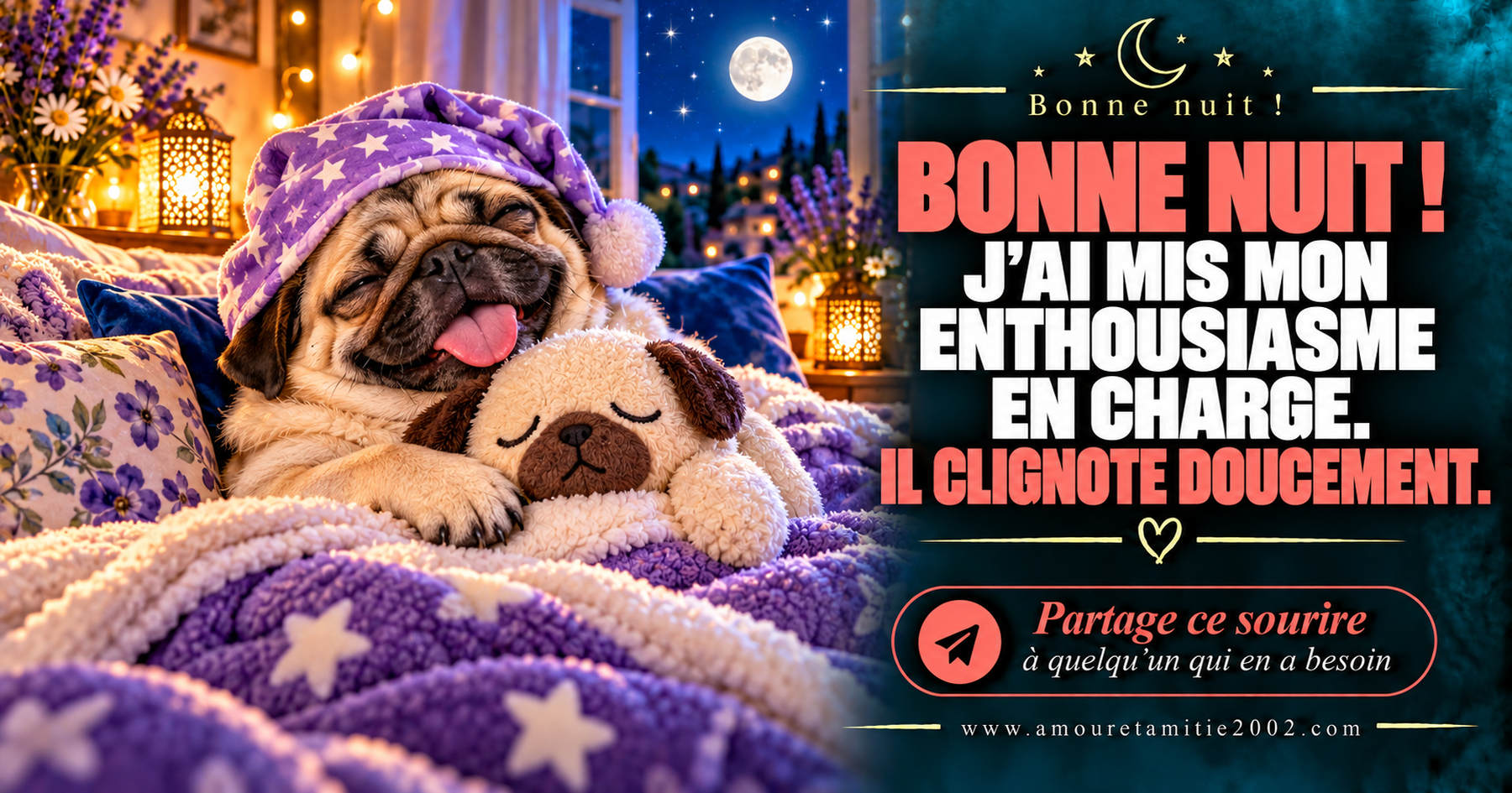 Bonne nuit ! J’ai mis mon enthousiasme en charge. Il clignote doucement.