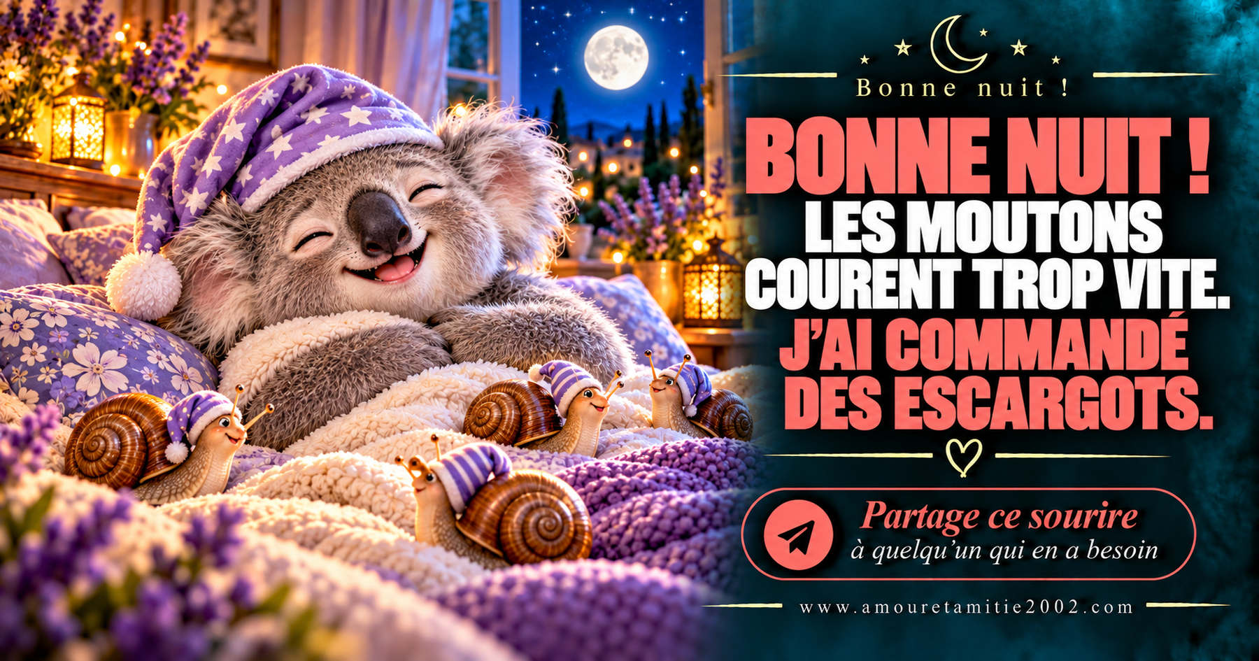 Bonne nuit ! Les moutons courent trop vite. J’ai commandé des escargots.