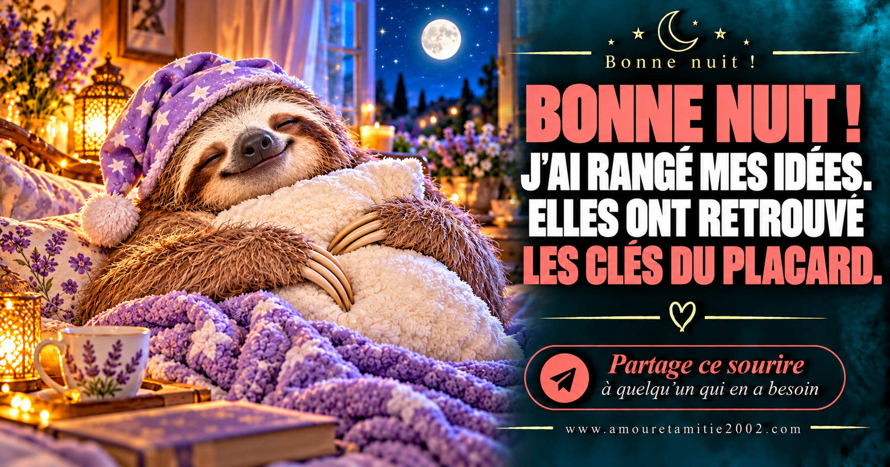 Bonne nuit ! J’ai rangé mes idées. Elles ont retrouvé les clés du placard.