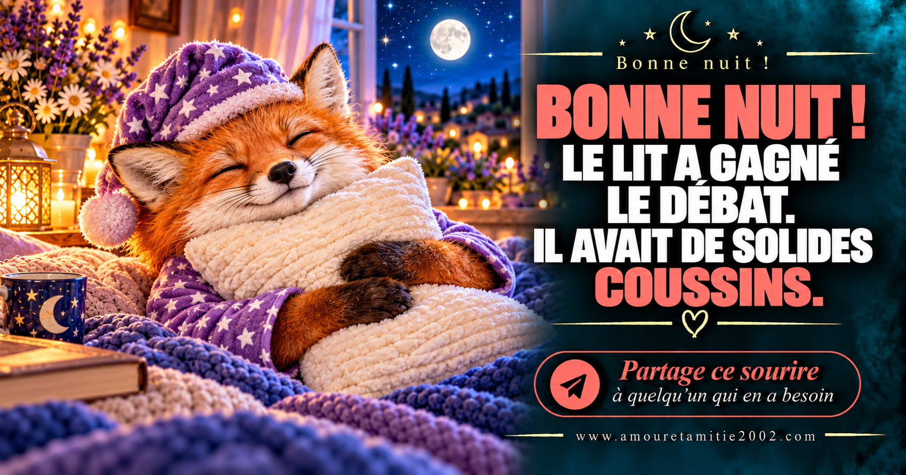 Bonne nuit ! Le lit a gagné le débat. Il avait de solides coussins.
