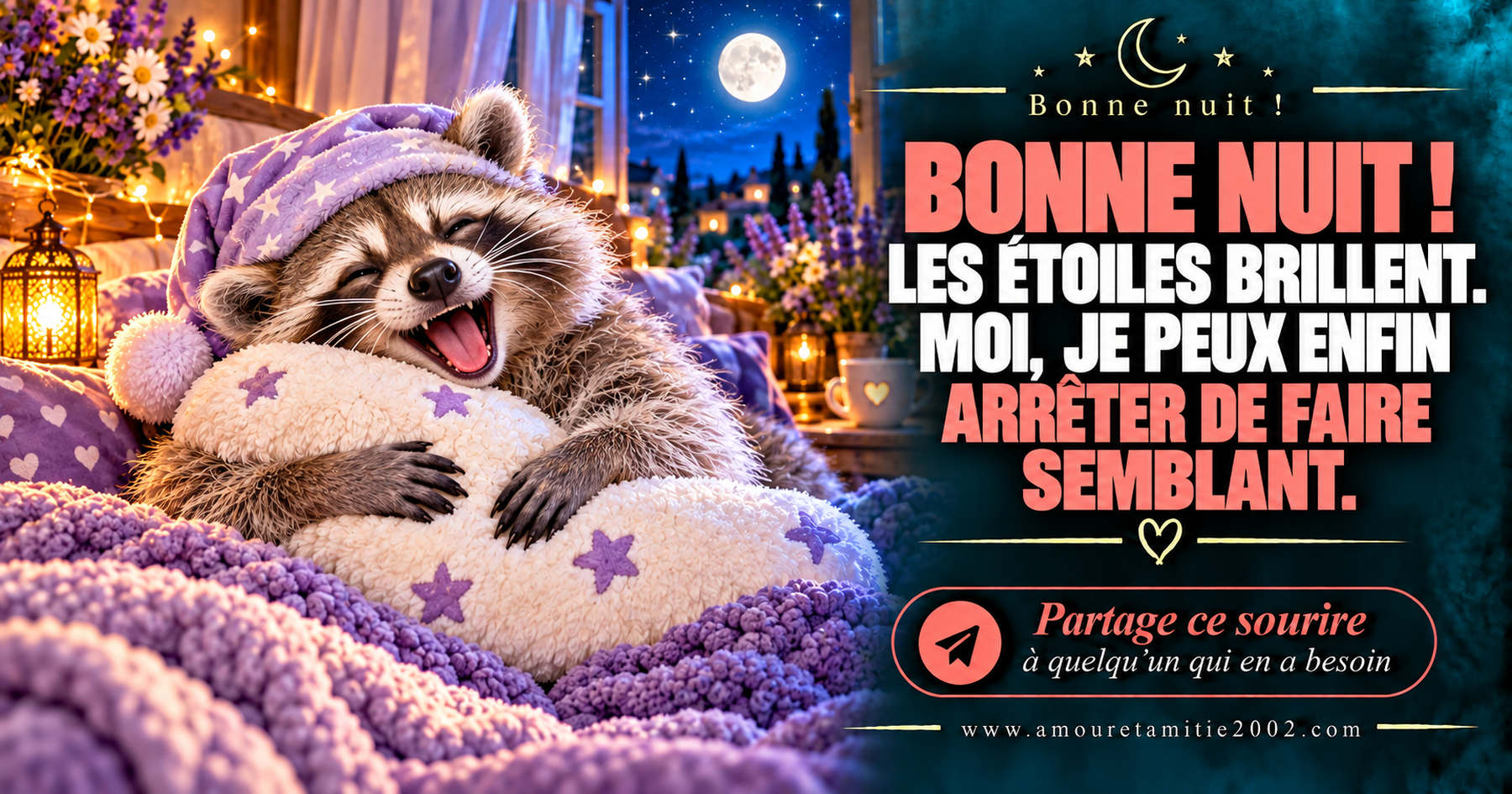 Bonne nuit ! Les étoiles brillent. Moi, je peux enfin arrêter de faire semblant.
