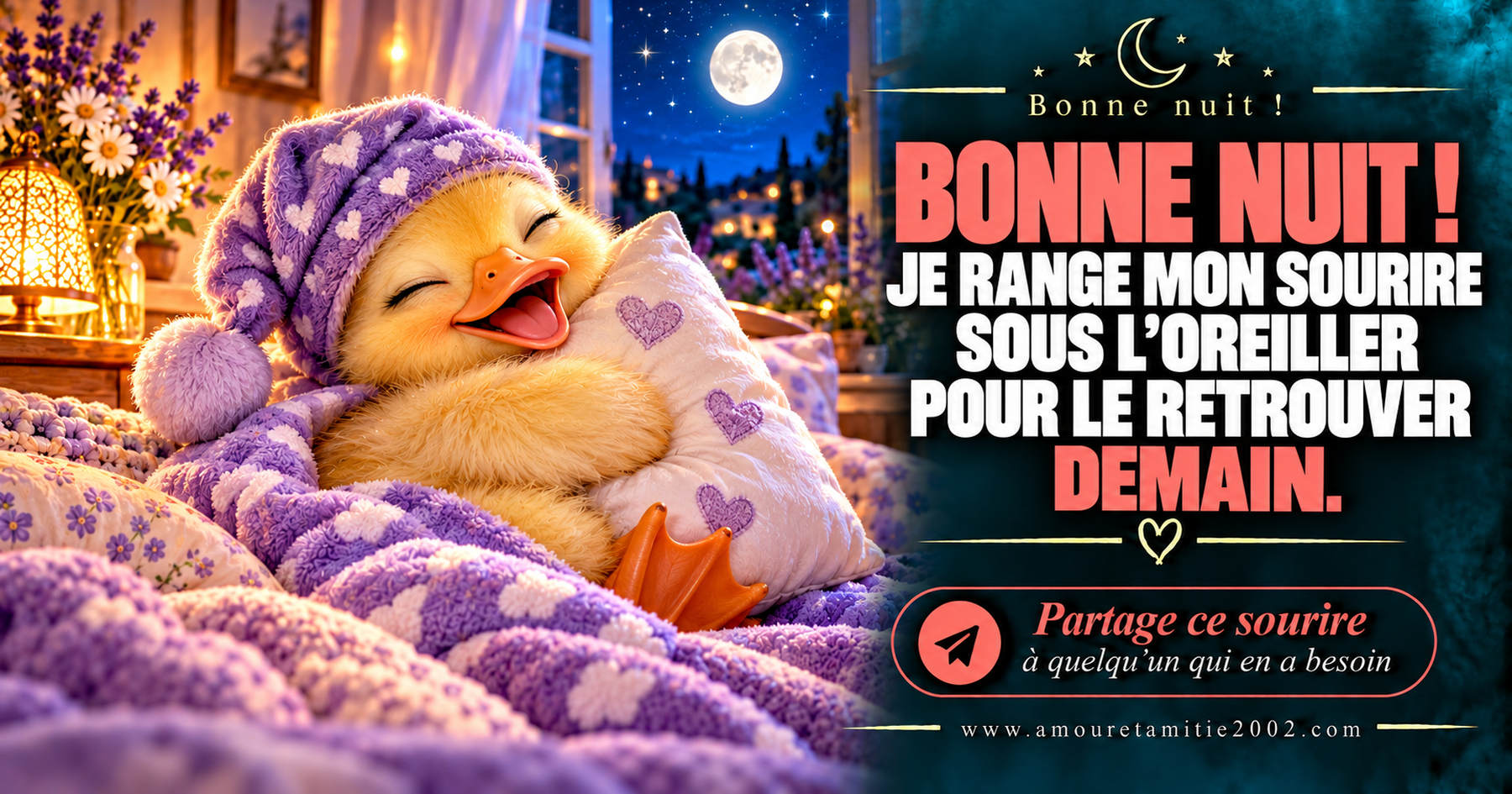 Bonne nuit ! Je range mon sourire sous l’oreiller pour le retrouver demain.