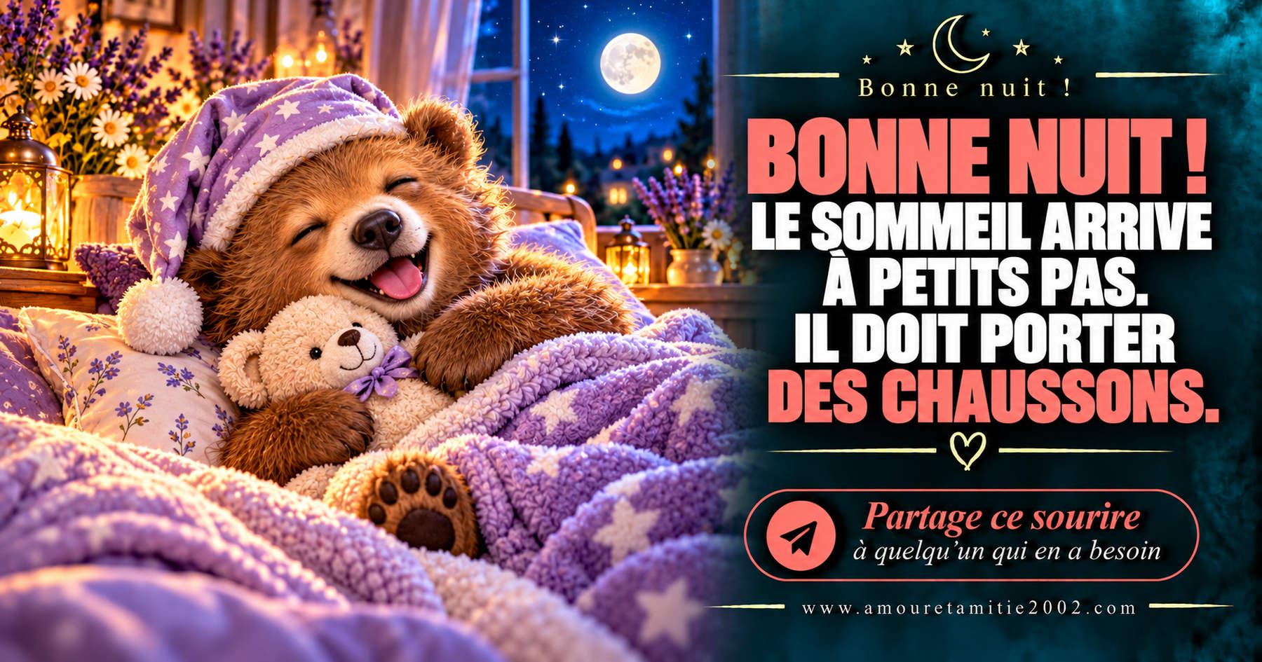 Bonne nuit ! Le sommeil arrive à petits pas. Il doit porter des chaussons.