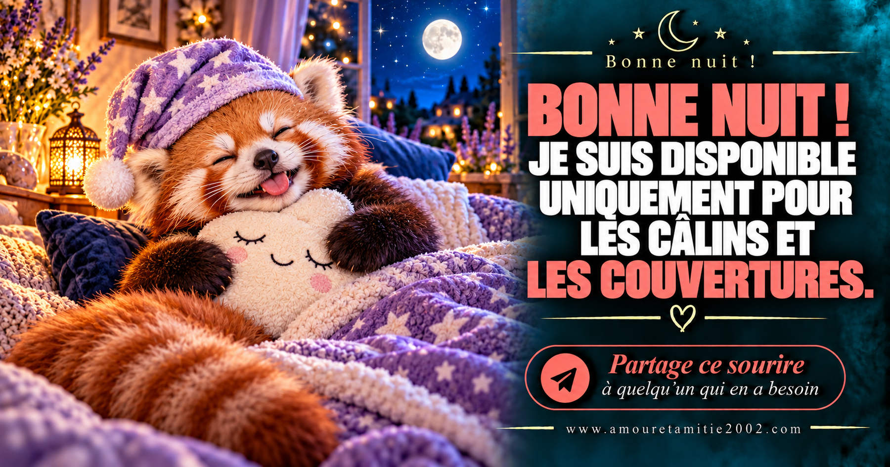 Bonne nuit ! Je suis disponible uniquement pour les câlins et les couvertures.