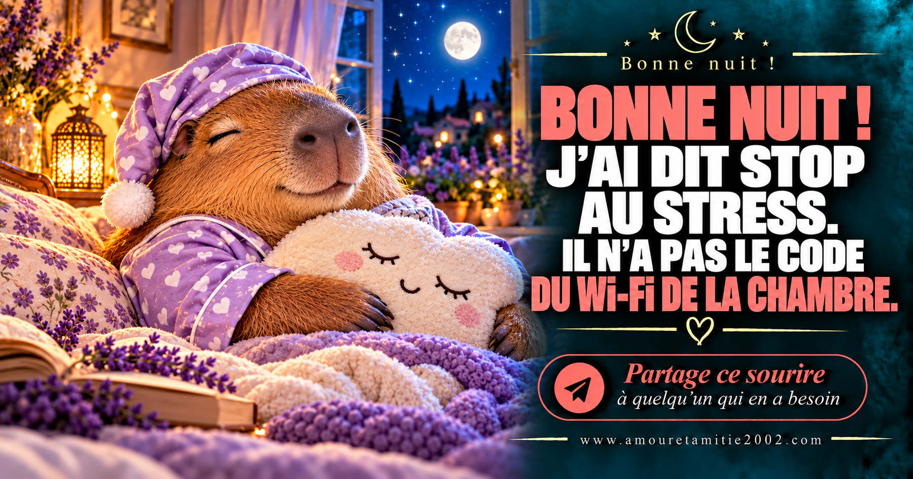 Bonne nuit ! J’ai dit stop au stress. Il n’a pas le code du Wi-Fi de la chambre.