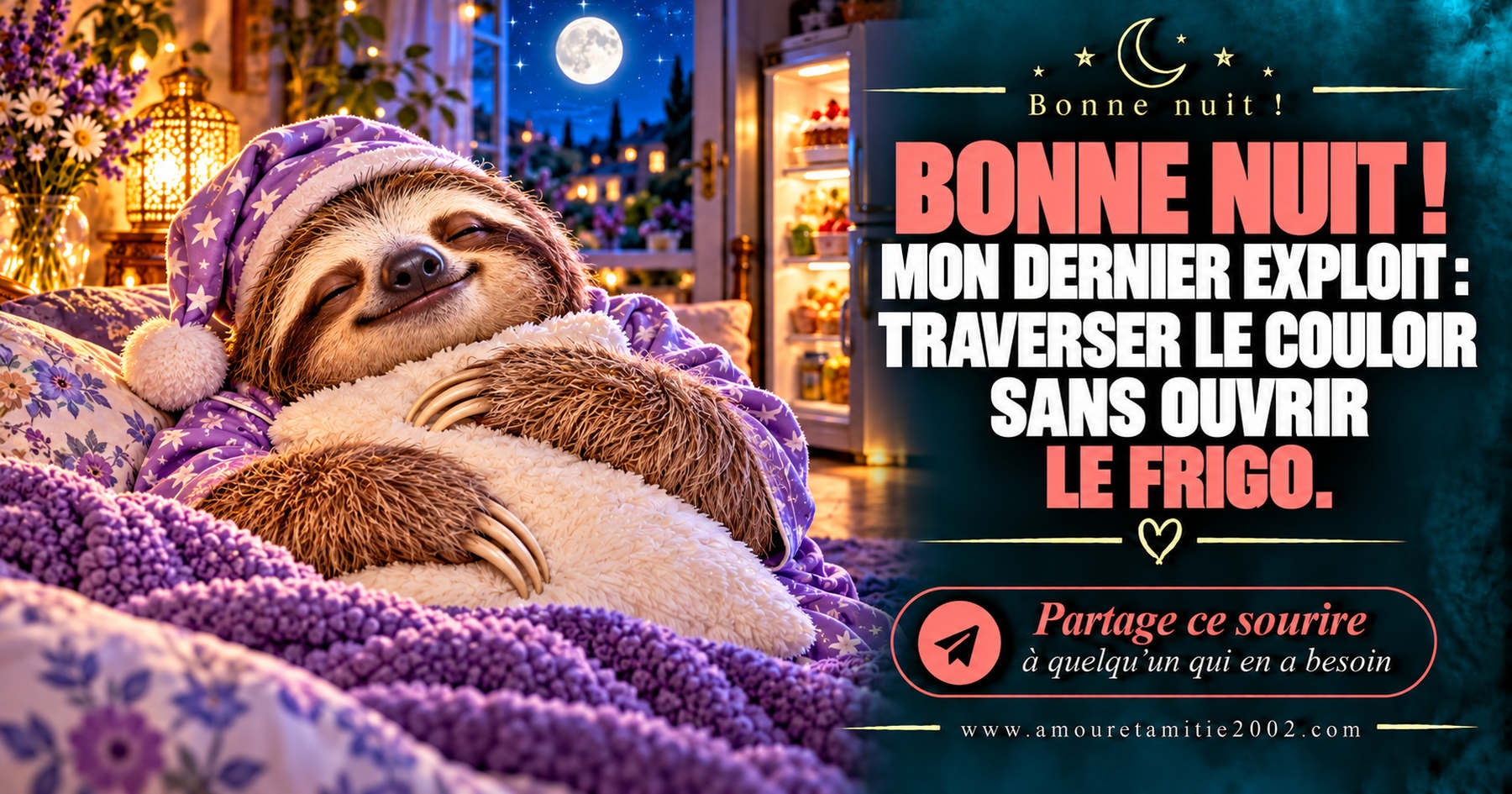 Bonne nuit ! Mon dernier exploit : traverser le couloir sans ouvrir le frigo.