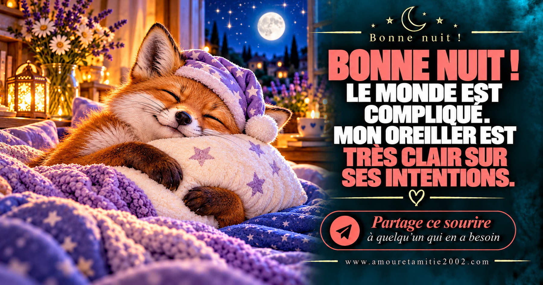 Bonne nuit ! Le monde est compliqué. Mon oreiller est très clair sur ses intentions.