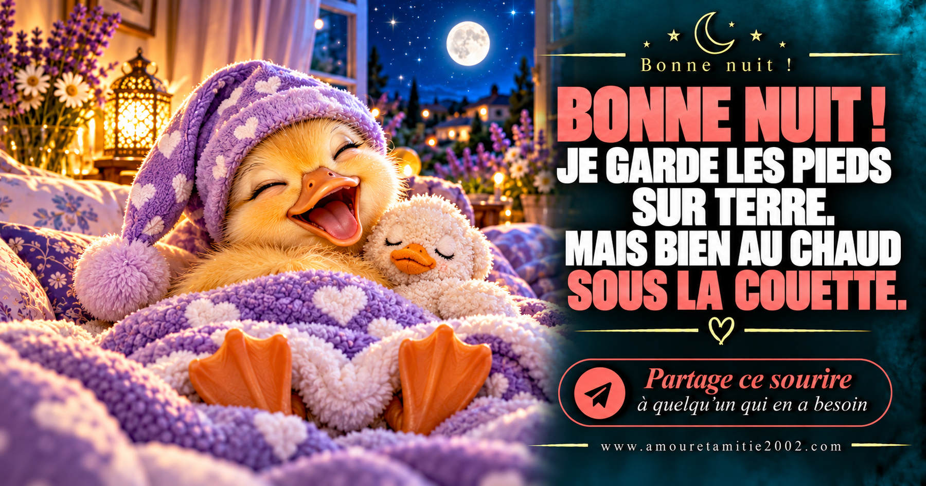 Bonne nuit ! Je garde les pieds sur terre. Mais bien au chaud sous la couette.