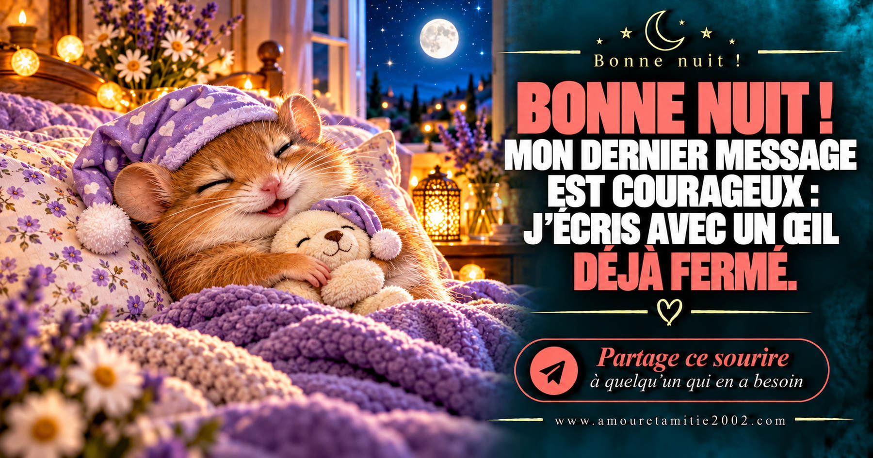 Bonne nuit ! Mon dernier message est courageux : j’écris avec un œil déjà fermé.