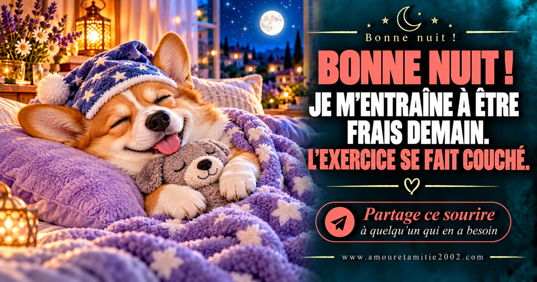 Bonne nuit ! Je m’entraîne à être frais demain. L’exercice se fait couché.