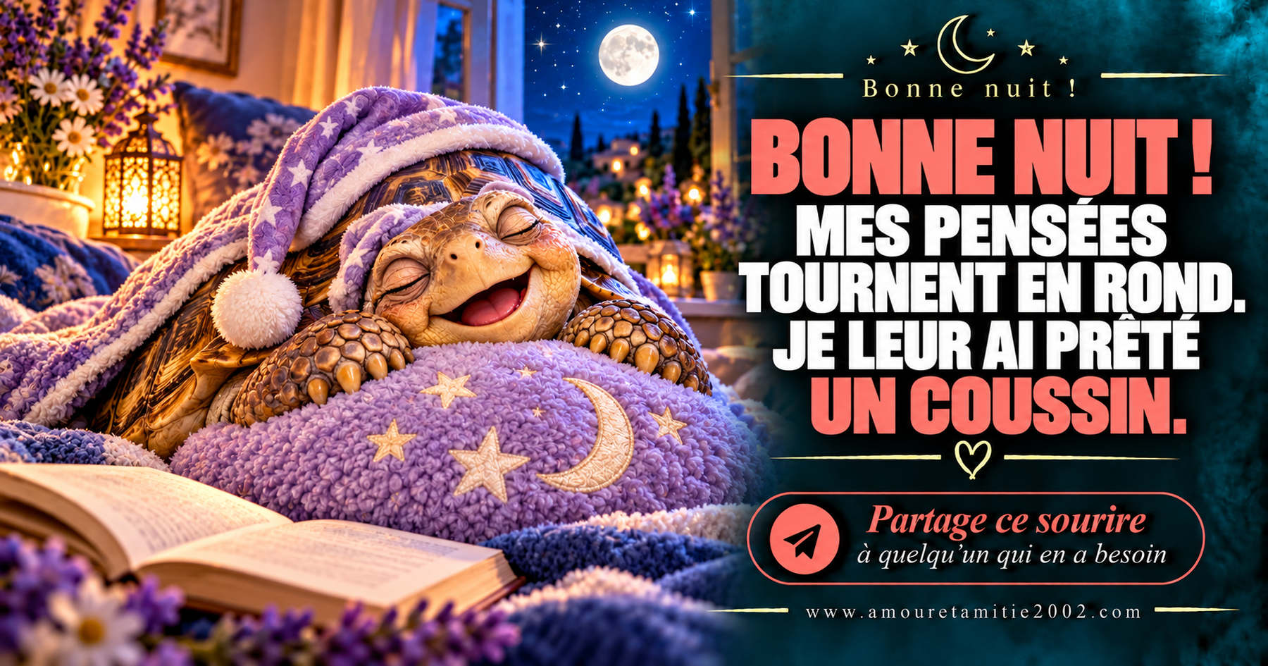 Bonne nuit ! Mes pensées tournent en rond. Je leur ai prêté un coussin.
