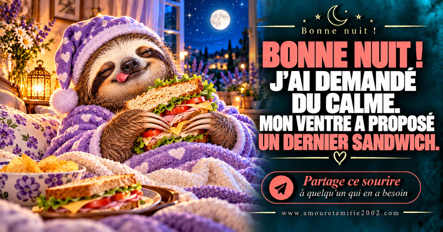 Bonne nuit ! J’ai demandé du calme. Mon ventre a proposé un dernier sandwich.