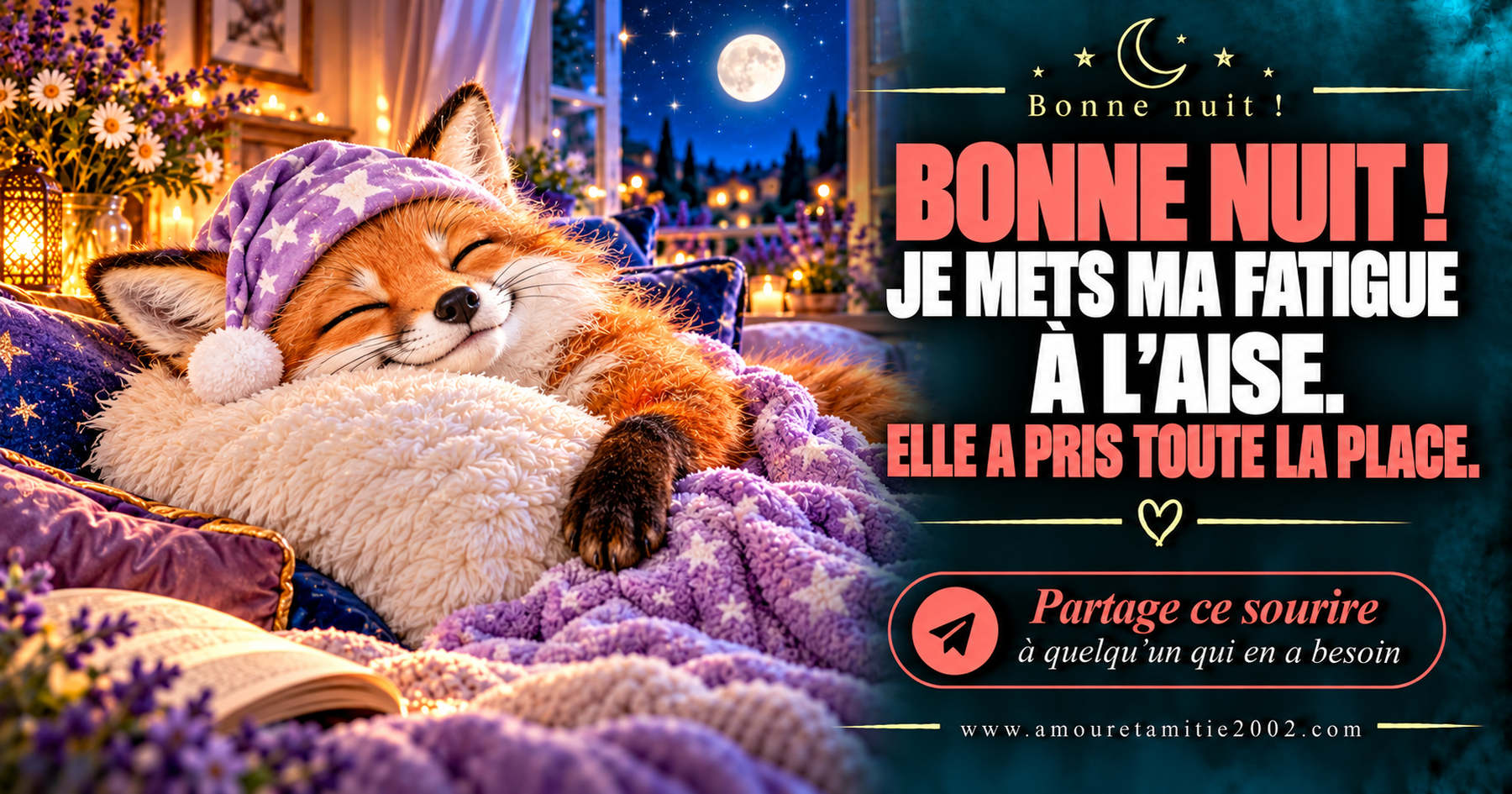 Bonne nuit ! Je mets ma fatigue à l’aise. Elle a pris toute la place.
