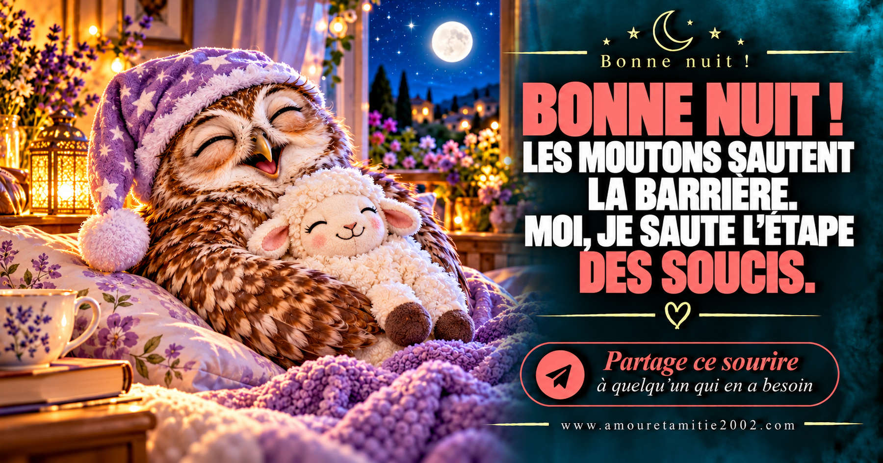 Bonne nuit ! Les moutons sautent la barrière. Moi, je saute l’étape des soucis.