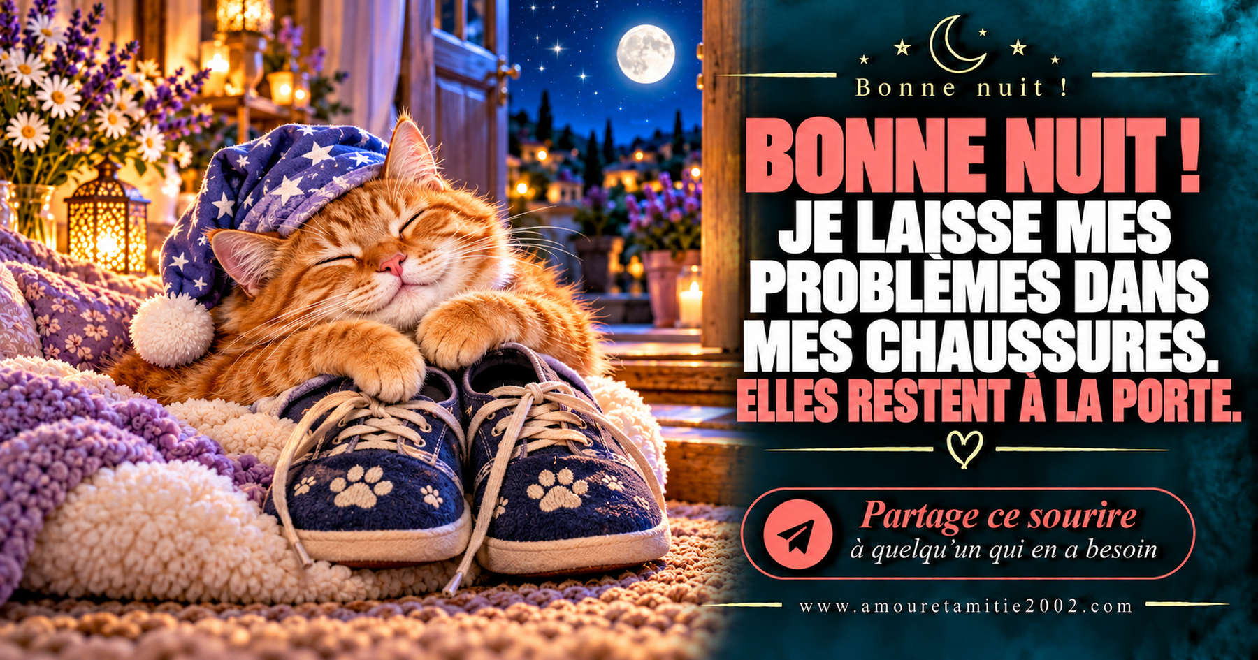 Bonne nuit ! Je laisse mes problèmes dans mes chaussures. Elles restent à la porte.