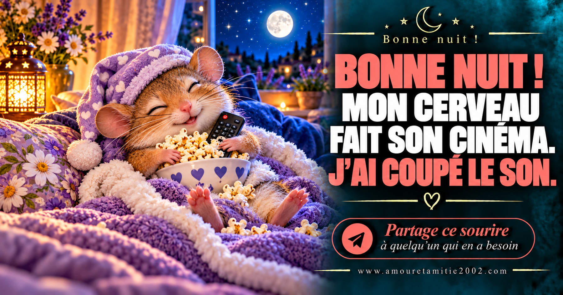 Bonne nuit ! Mon cerveau fait son cinéma. J’ai coupé le son.