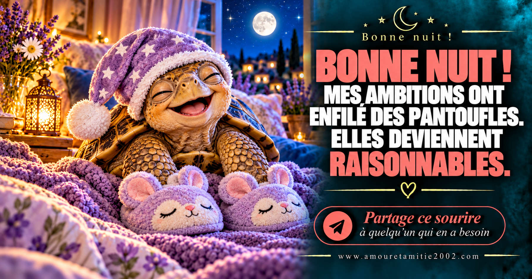 Bonne nuit ! Mes ambitions ont enfilé des pantoufles. Elles deviennent raisonnables.