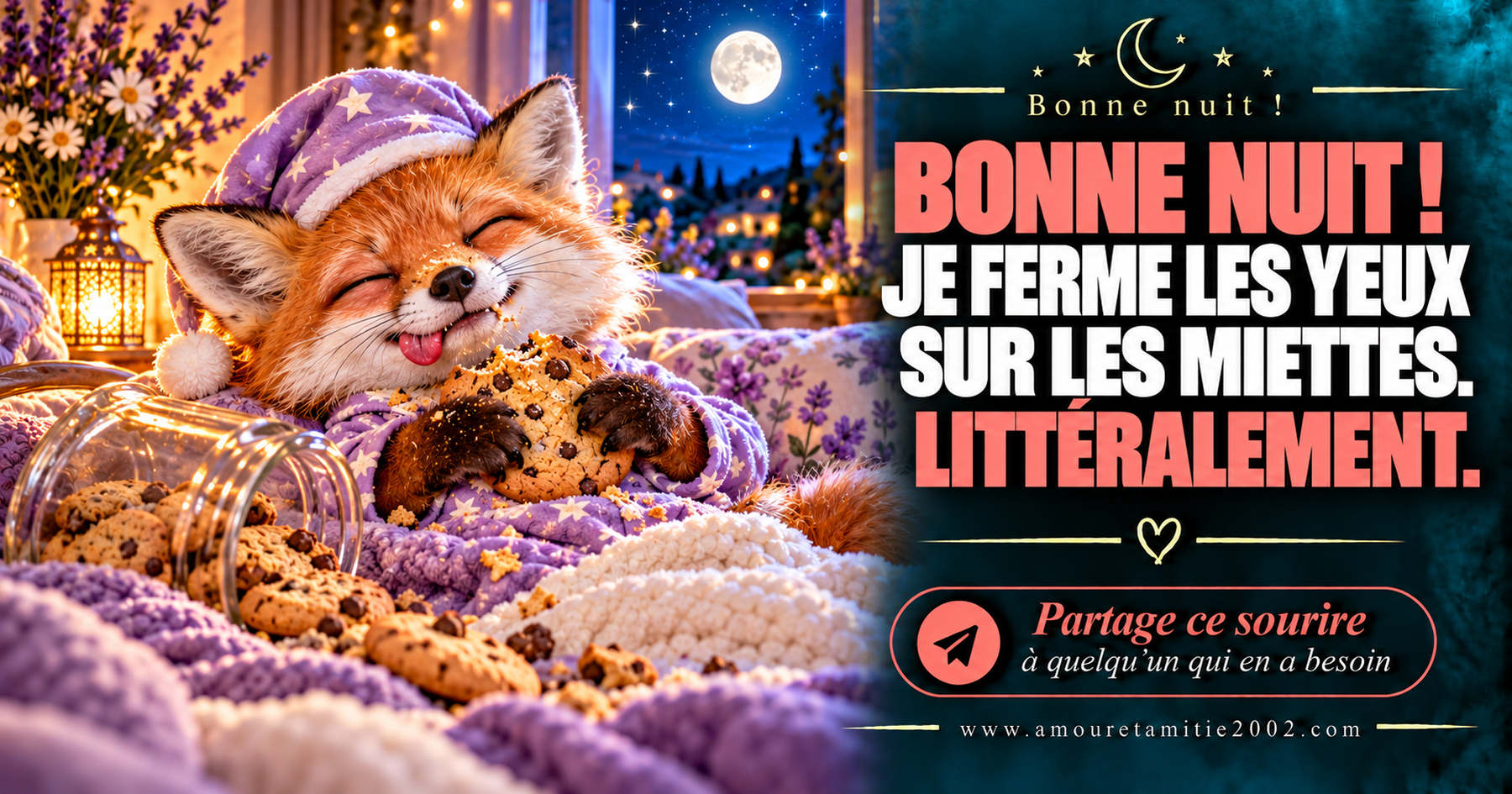 Bonne nuit ! Je ferme les yeux sur les miettes. Littéralement.