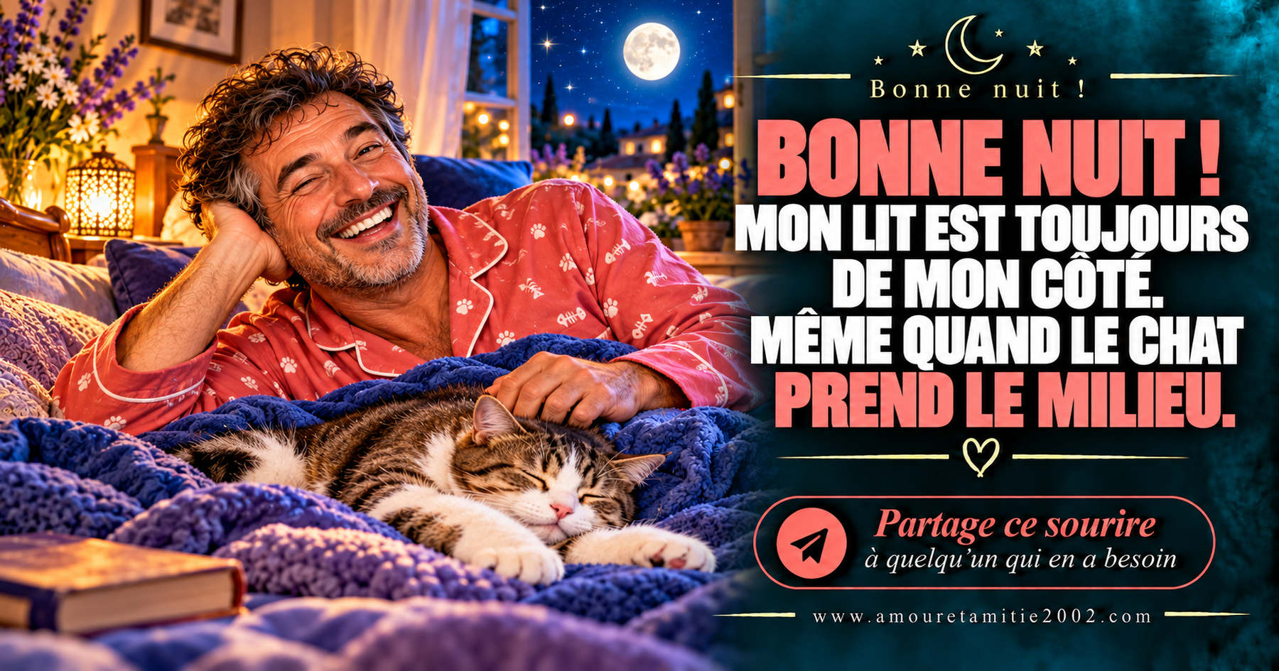 Bonne nuit ! Mon lit est toujours de mon côté. Même quand le chat prend le milieu.