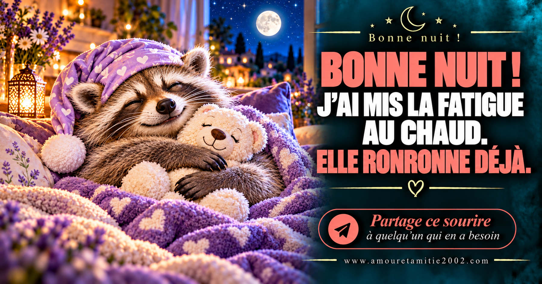 Bonne nuit ! J’ai mis la fatigue au chaud. Elle ronronne déjà.