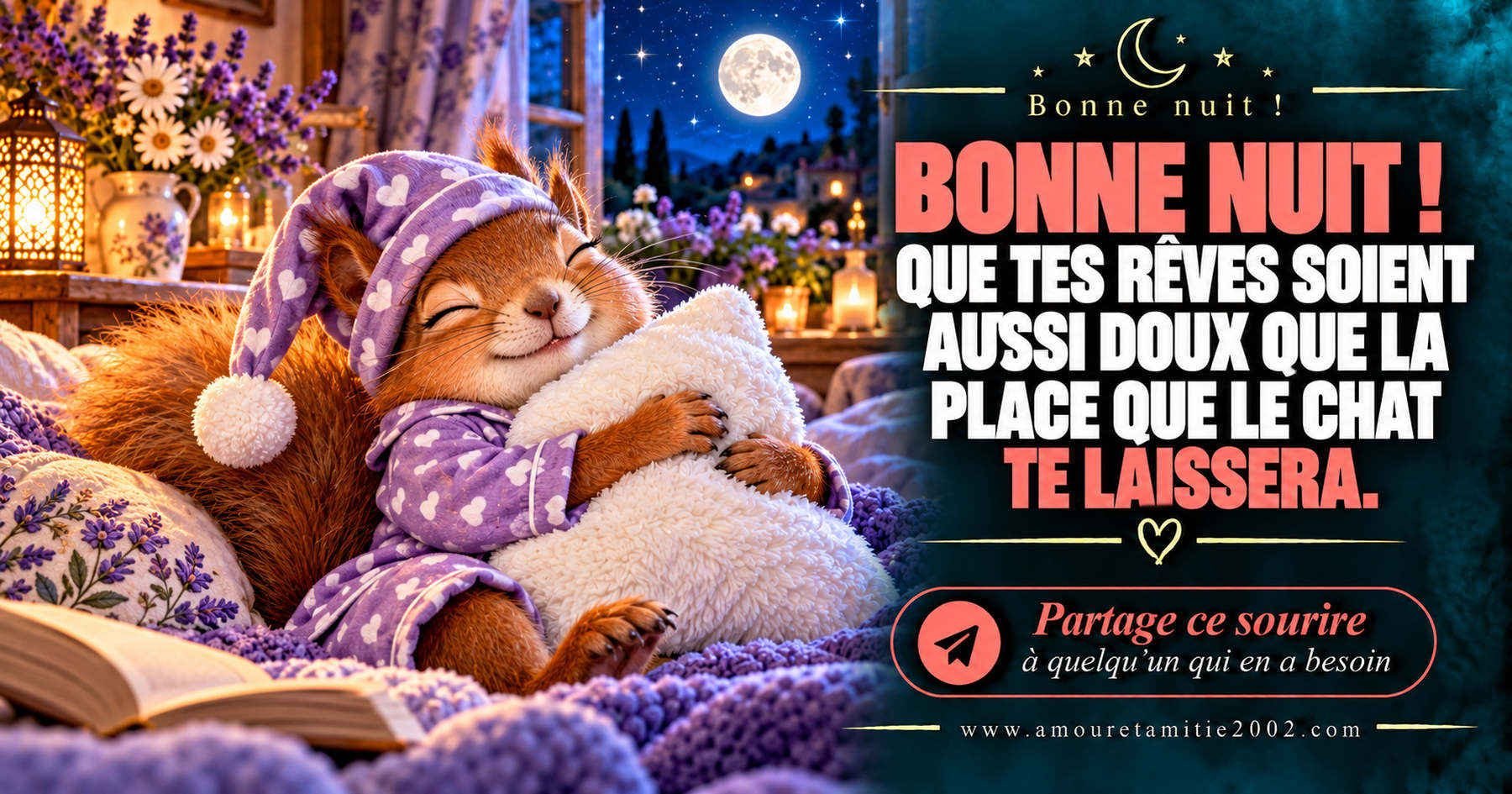 Bonne nuit ! Que tes rêves soient aussi doux que la place que le chat te laissera.