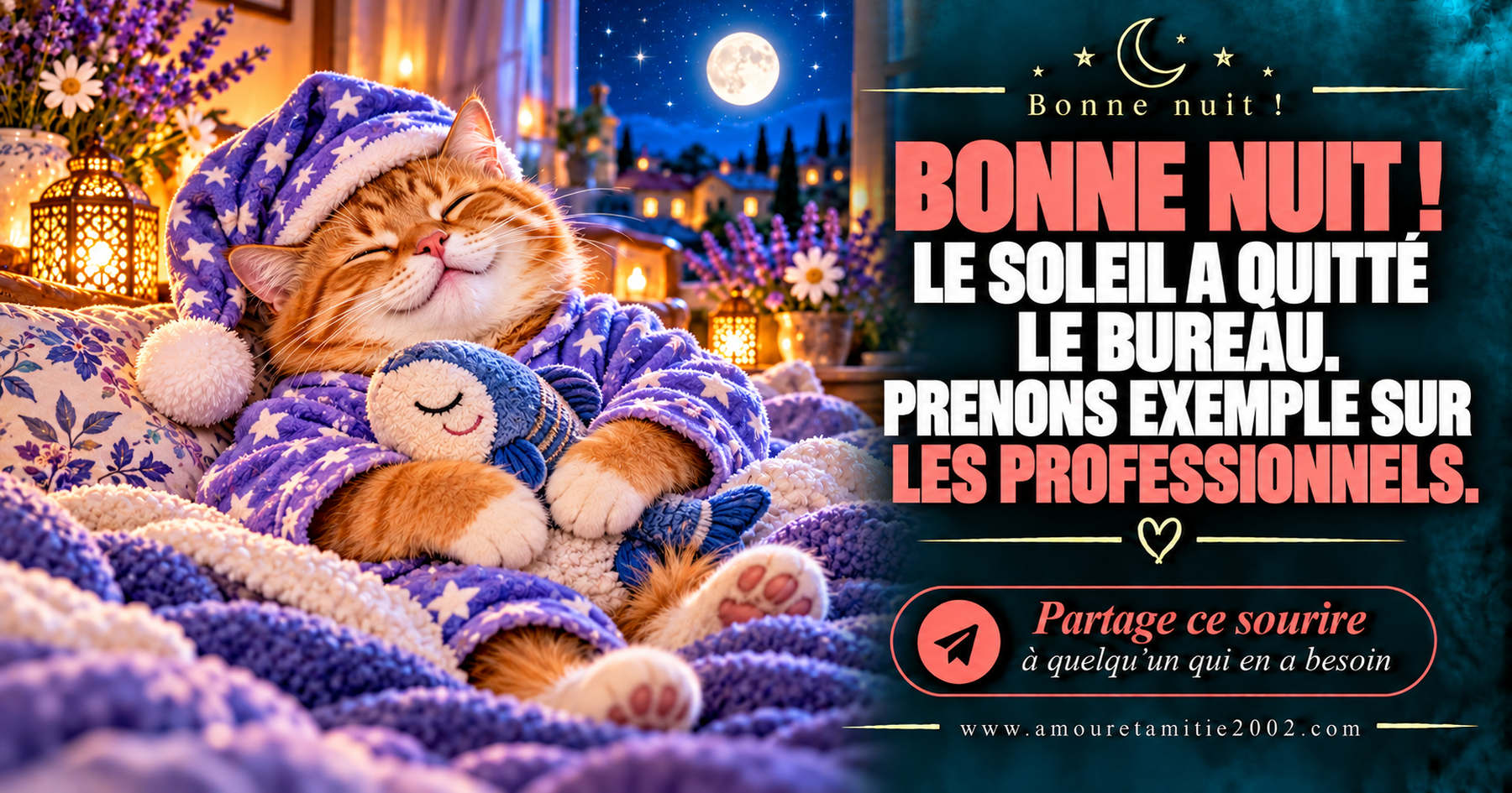 Bonne nuit ! Le soleil a quitté le bureau. Prenons exemple sur les professionnels.