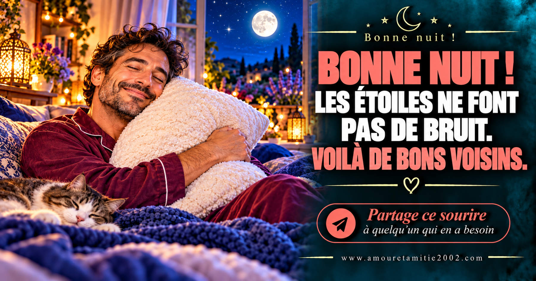 Bonne nuit ! Les étoiles ne font pas de bruit. Voilà de bons voisins.