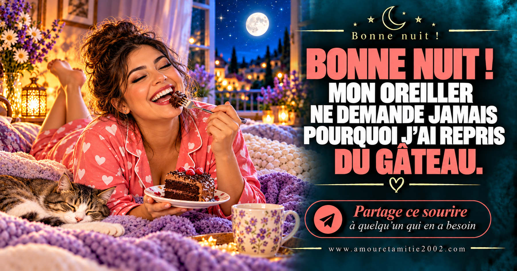 Bonne nuit ! Mon oreiller ne demande jamais pourquoi j’ai repris du gâteau.