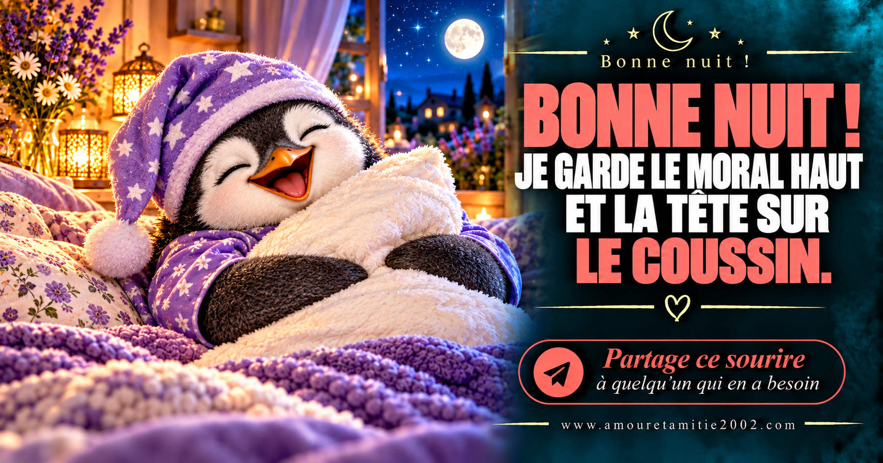 Bonne nuit ! Je garde le moral haut et la tête sur le coussin.