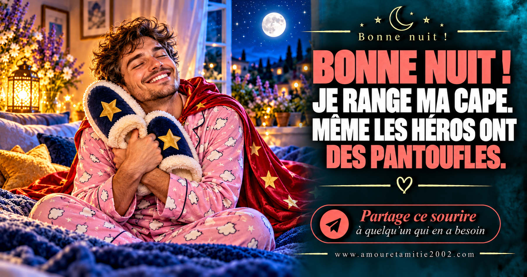 Bonne nuit ! Je range ma cape. Même les héros ont des pantoufles.