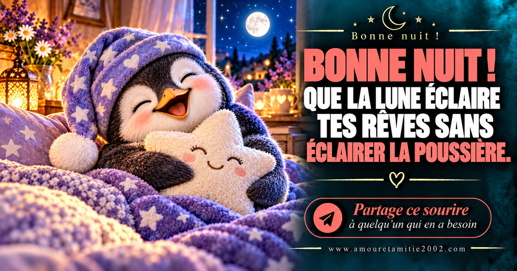 Bonne nuit ! Que la lune éclaire tes rêves sans éclairer la poussière.