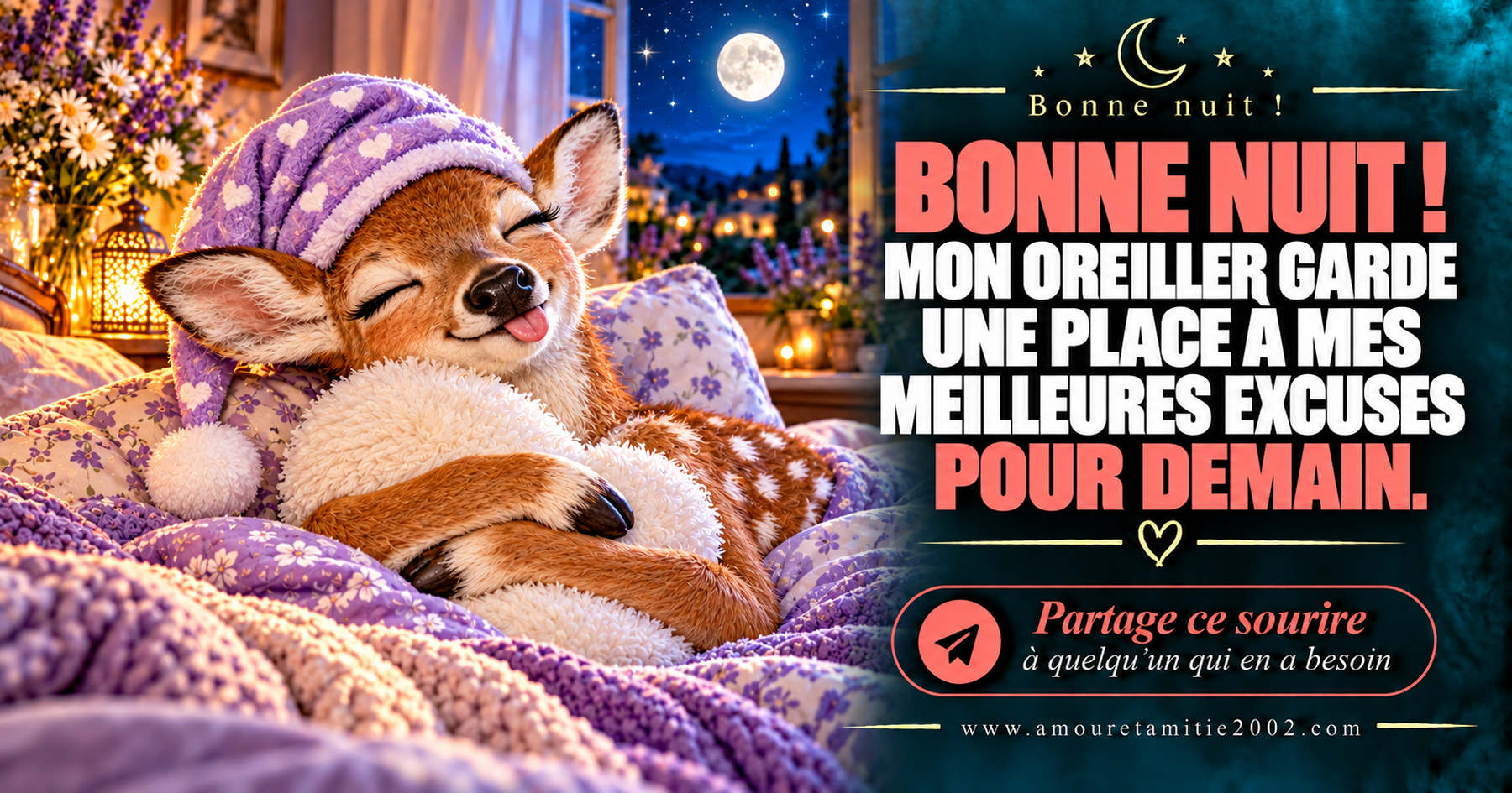 Bonne nuit ! Mon oreiller garde une place à mes meilleures excuses pour demain.