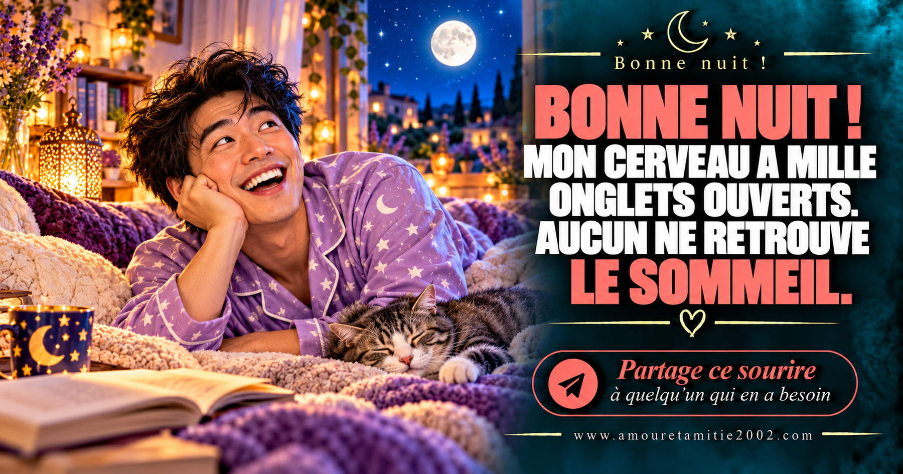 Bonne nuit ! Mon cerveau a mille onglets ouverts. Aucun ne retrouve le sommeil.