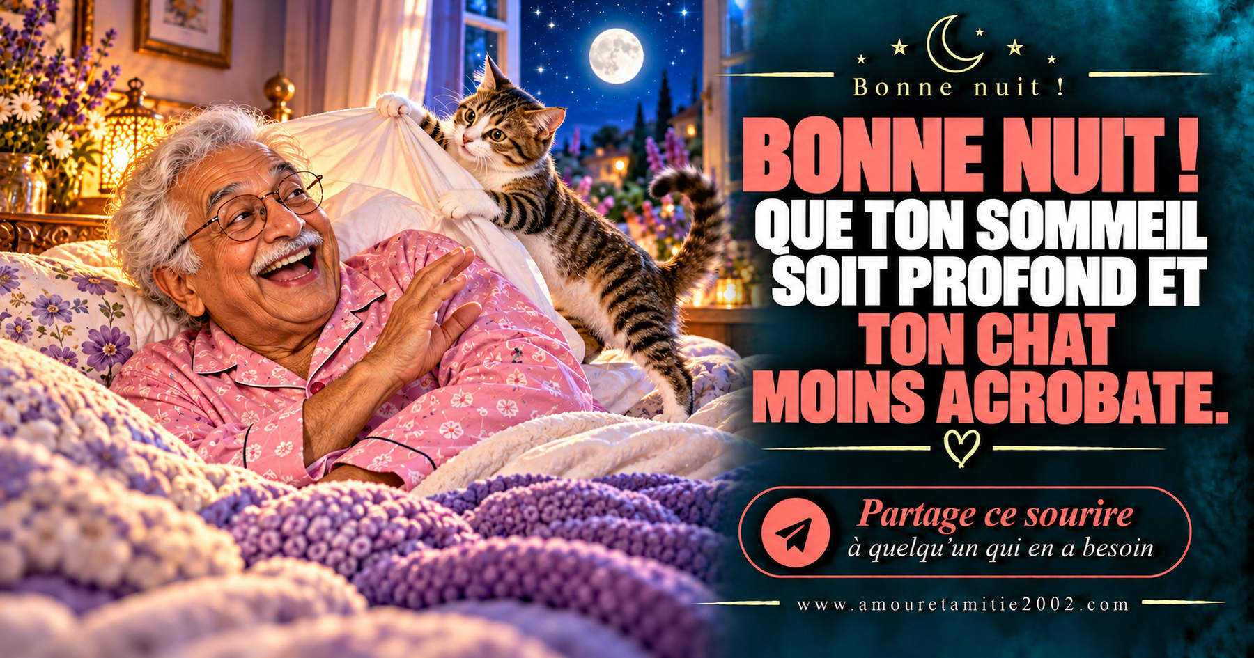 Bonne nuit ! Que ton sommeil soit profond et ton chat moins acrobate.