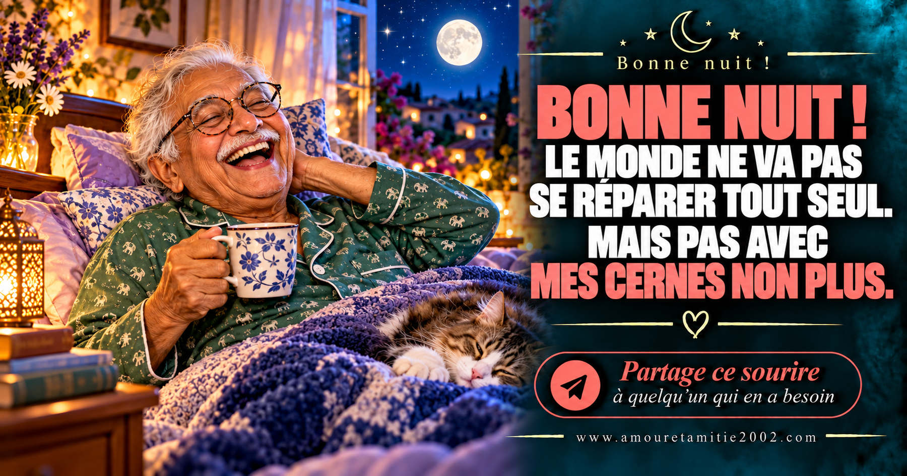 Bonne nuit ! Le monde ne va pas se réparer tout seul. Mais pas avec mes cernes non plus.