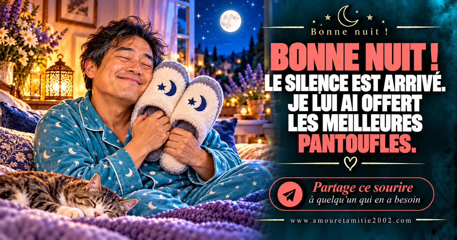 Bonne nuit ! Le silence est arrivé. Je lui ai offert les meilleures pantoufles.