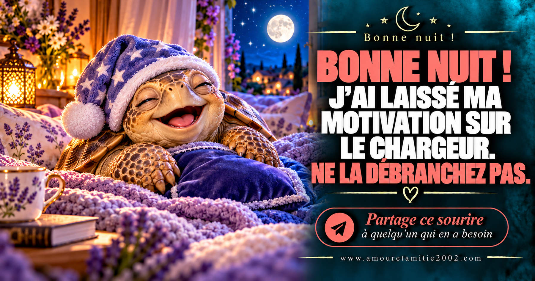 Bonne nuit ! J’ai laissé ma motivation sur le chargeur. Ne la débranchez pas.