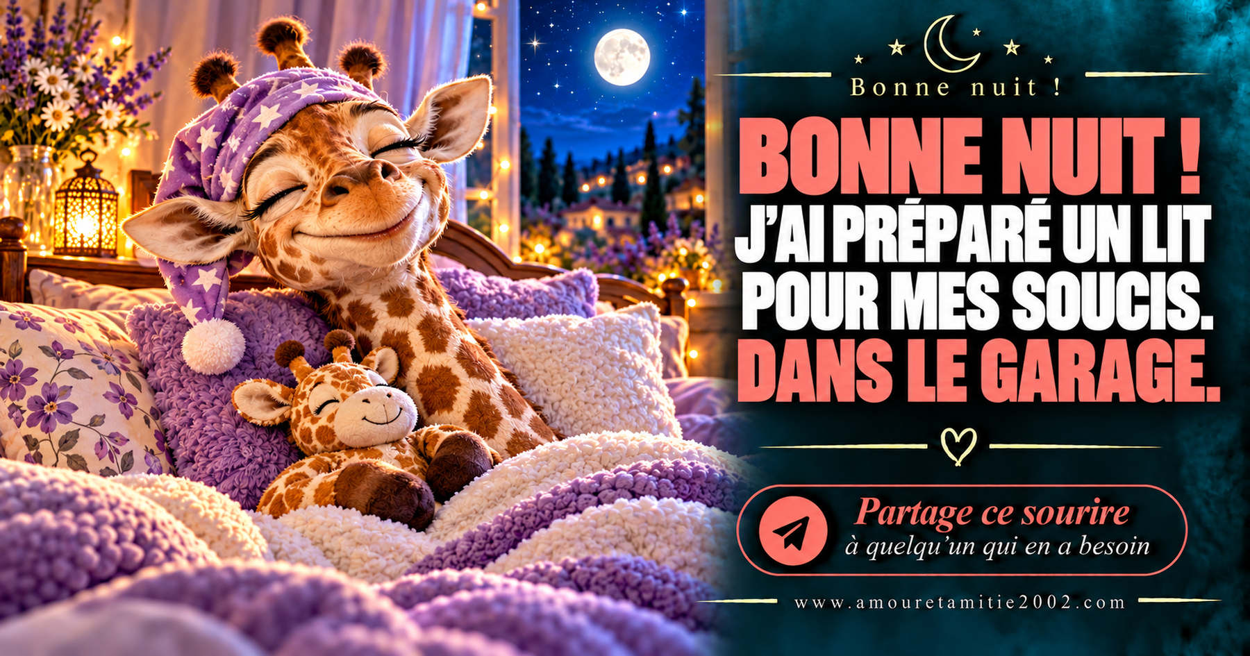 Bonne nuit ! J’ai préparé un lit pour mes soucis. Dans le garage.