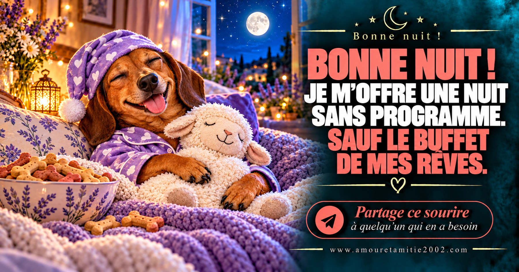 Bonne nuit ! Je m’offre une nuit sans programme. Sauf le buffet de mes rêves.