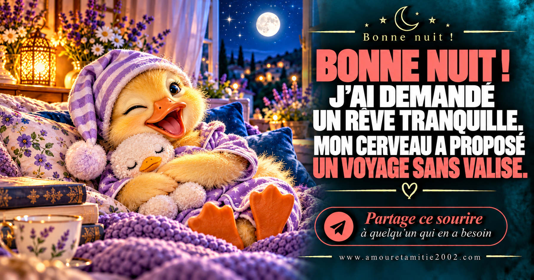 Bonne nuit ! J’ai demandé un rêve tranquille. Mon cerveau a proposé un voyage sans valise.