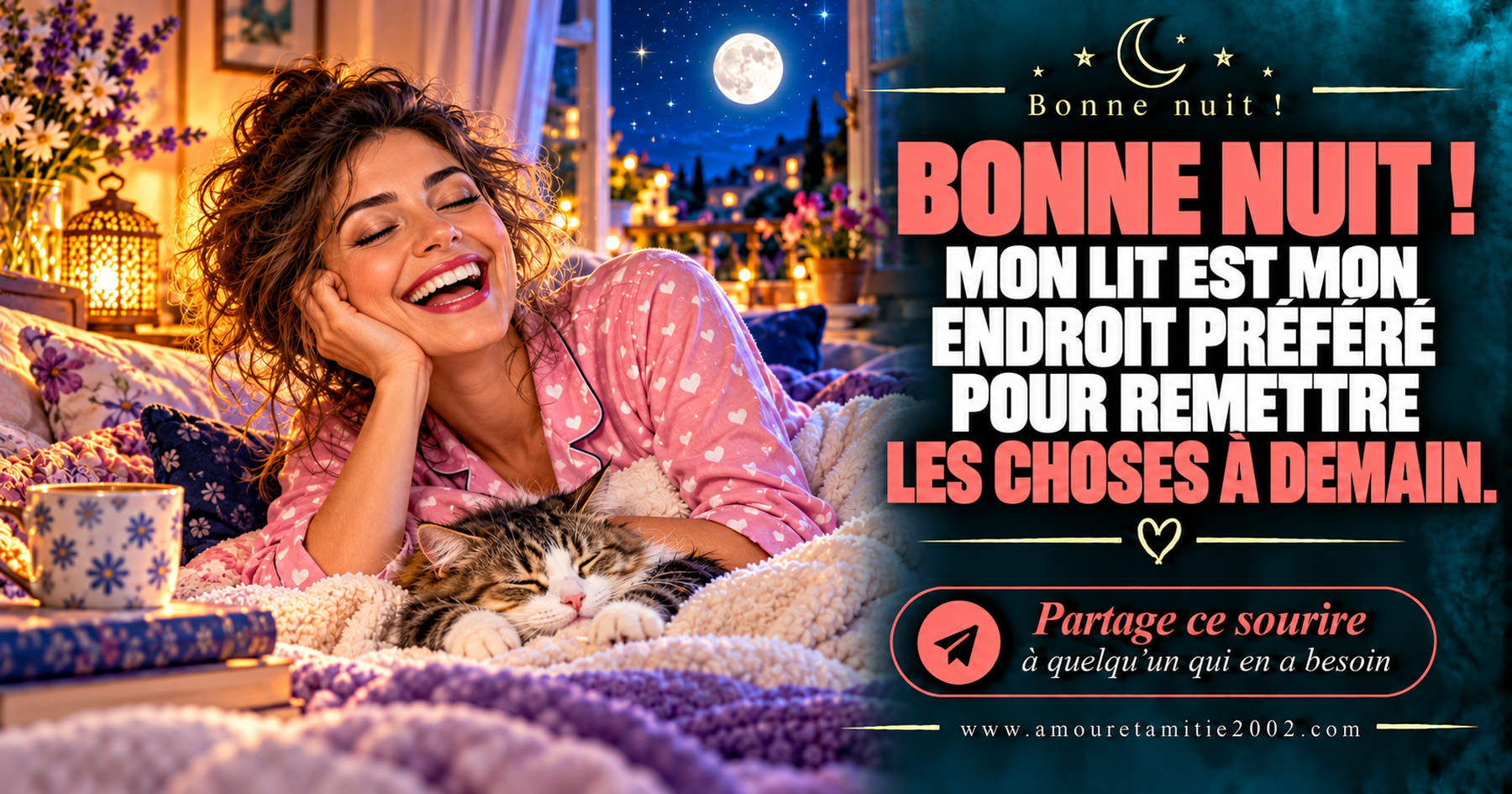 Bonne nuit ! Mon lit est mon endroit préféré pour remettre les choses à demain.