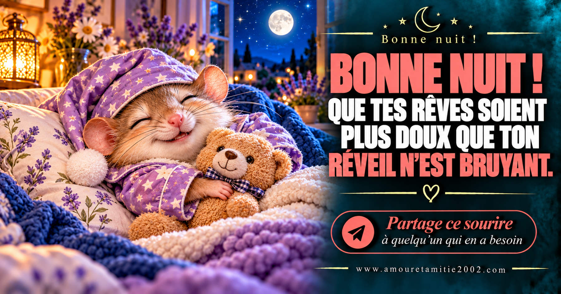 Bonne nuit ! Que tes rêves soient plus doux que ton réveil n’est bruyant.