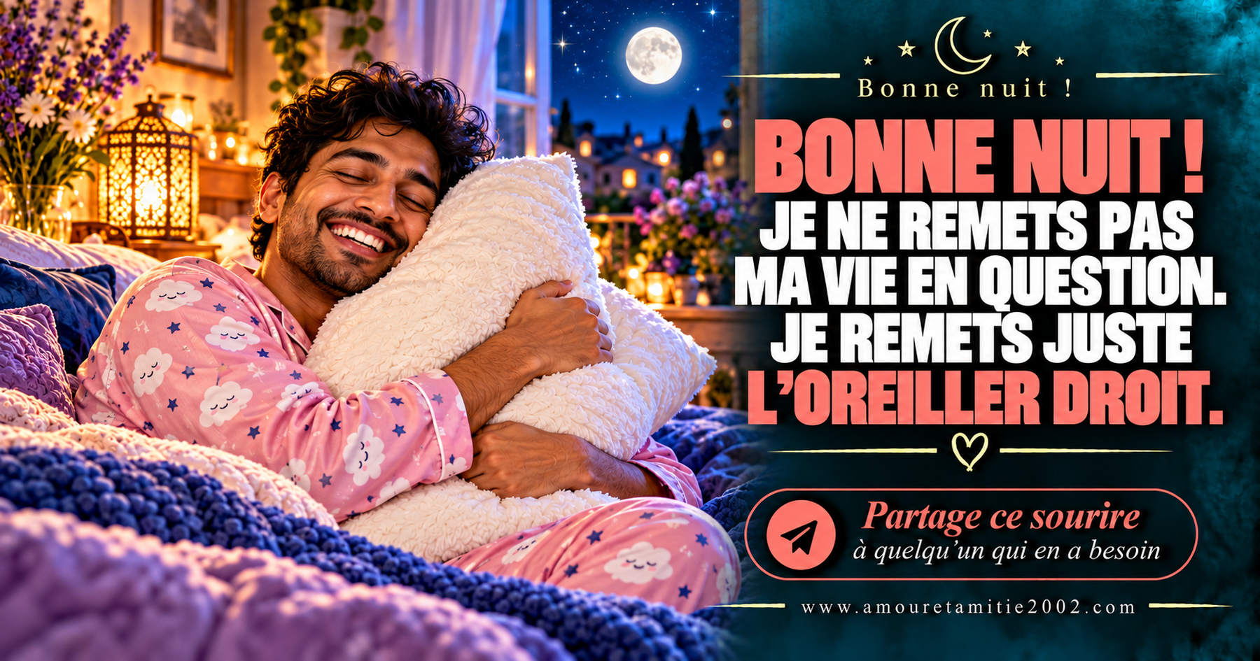 Bonne nuit ! Je ne remets pas ma vie en question. Je remets juste l’oreiller droit.