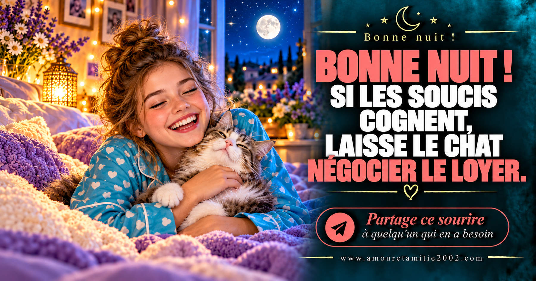 Bonne nuit ! Si les soucis cognent, laisse le chat négocier le loyer.