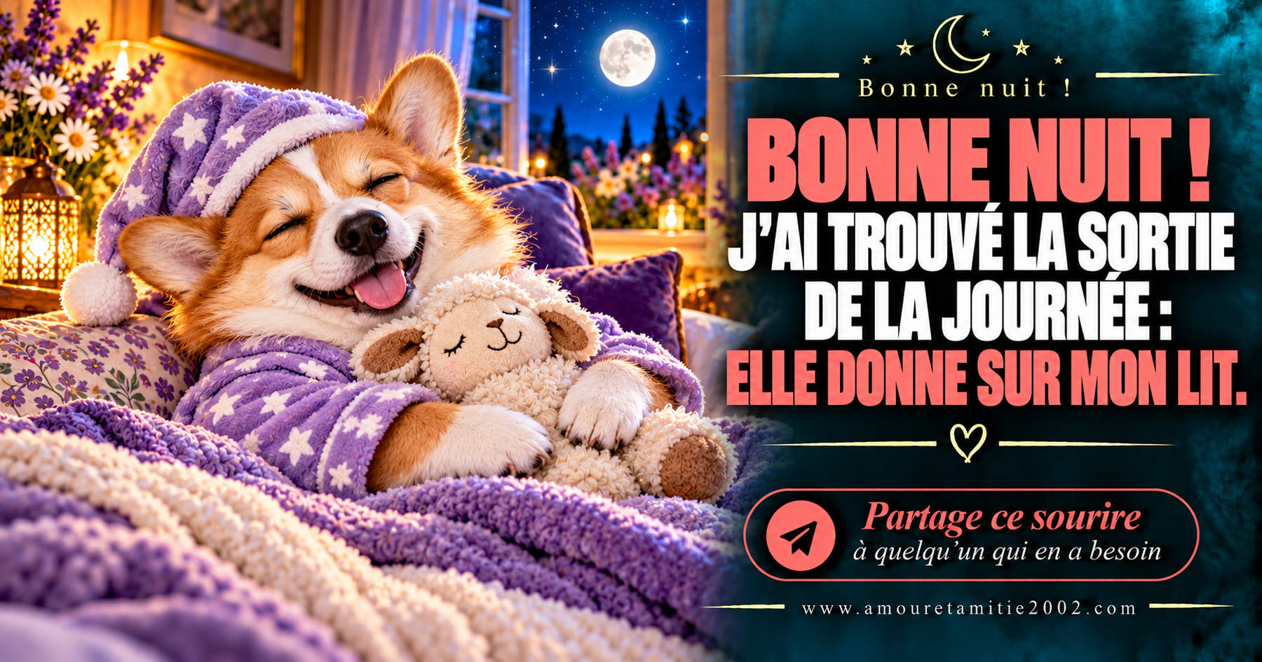 Bonne nuit ! J’ai trouvé la sortie de la journée : elle donne sur mon lit.