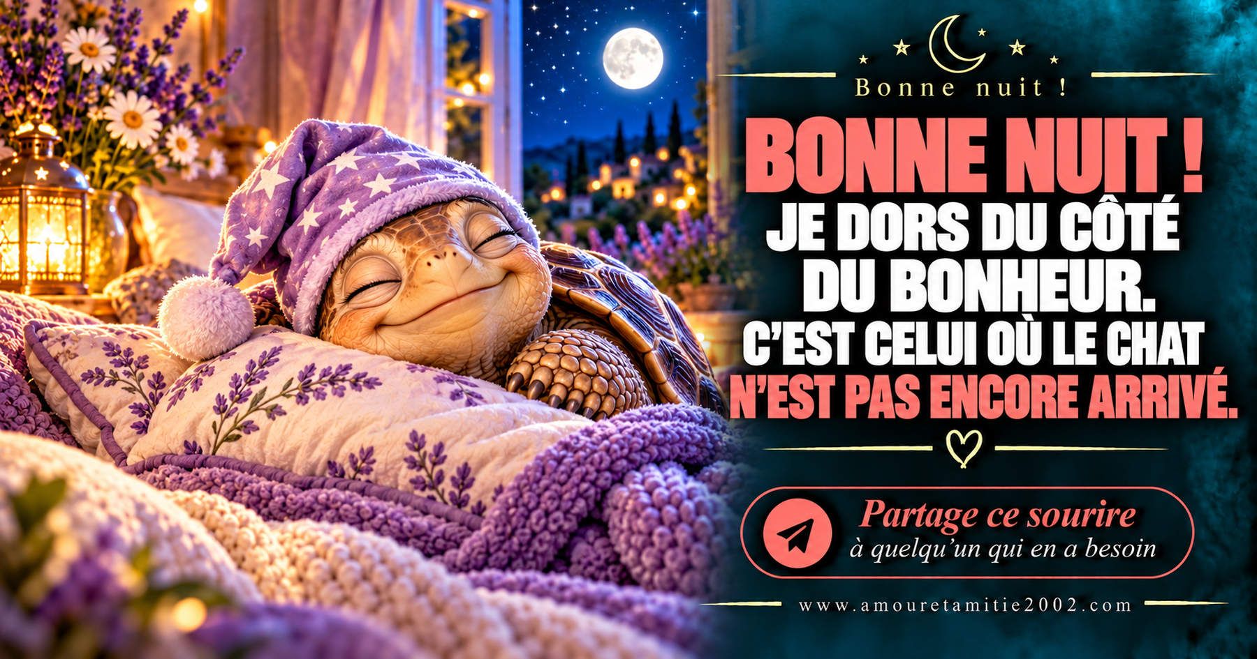 Bonne nuit ! Je dors du côté du bonheur. C’est celui où le chat n’est pas encore arrivé.