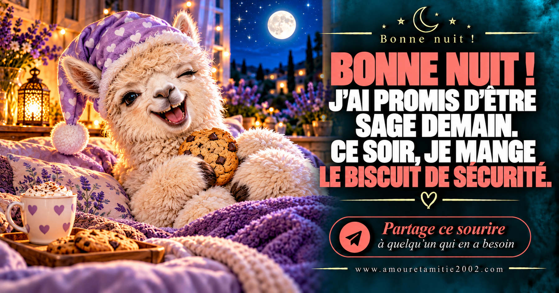 Bonne nuit ! J’ai promis d’être sage demain. Ce soir, je mange le biscuit de sécurité.